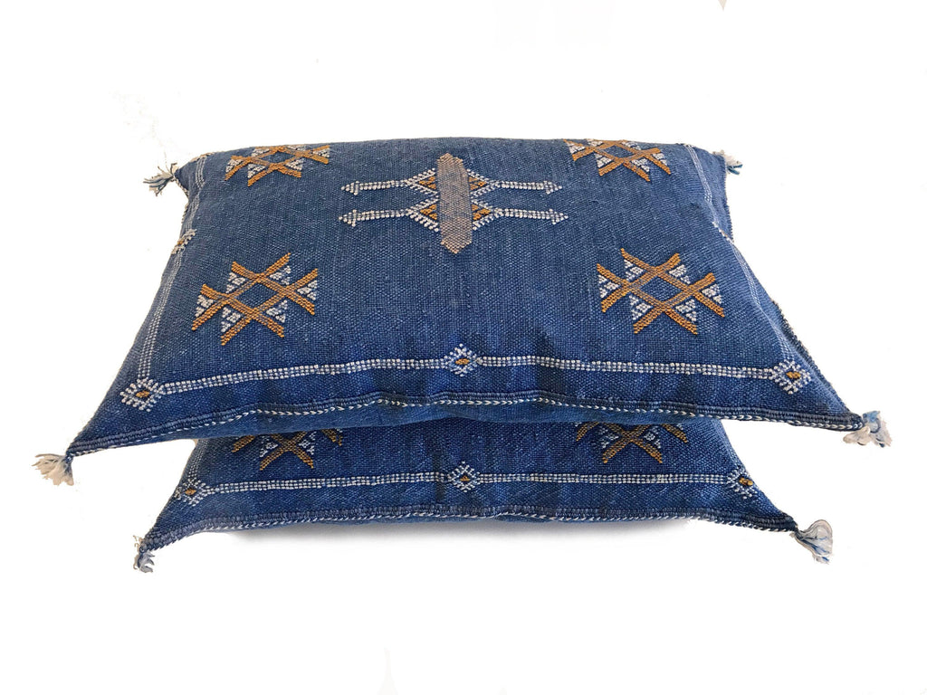 Handmade Moroccan Silk Pillow Cover, Indigo Blue Boho Tribal Embroidered Pillowcase for Sofa Couch, Sizes - product image 8
