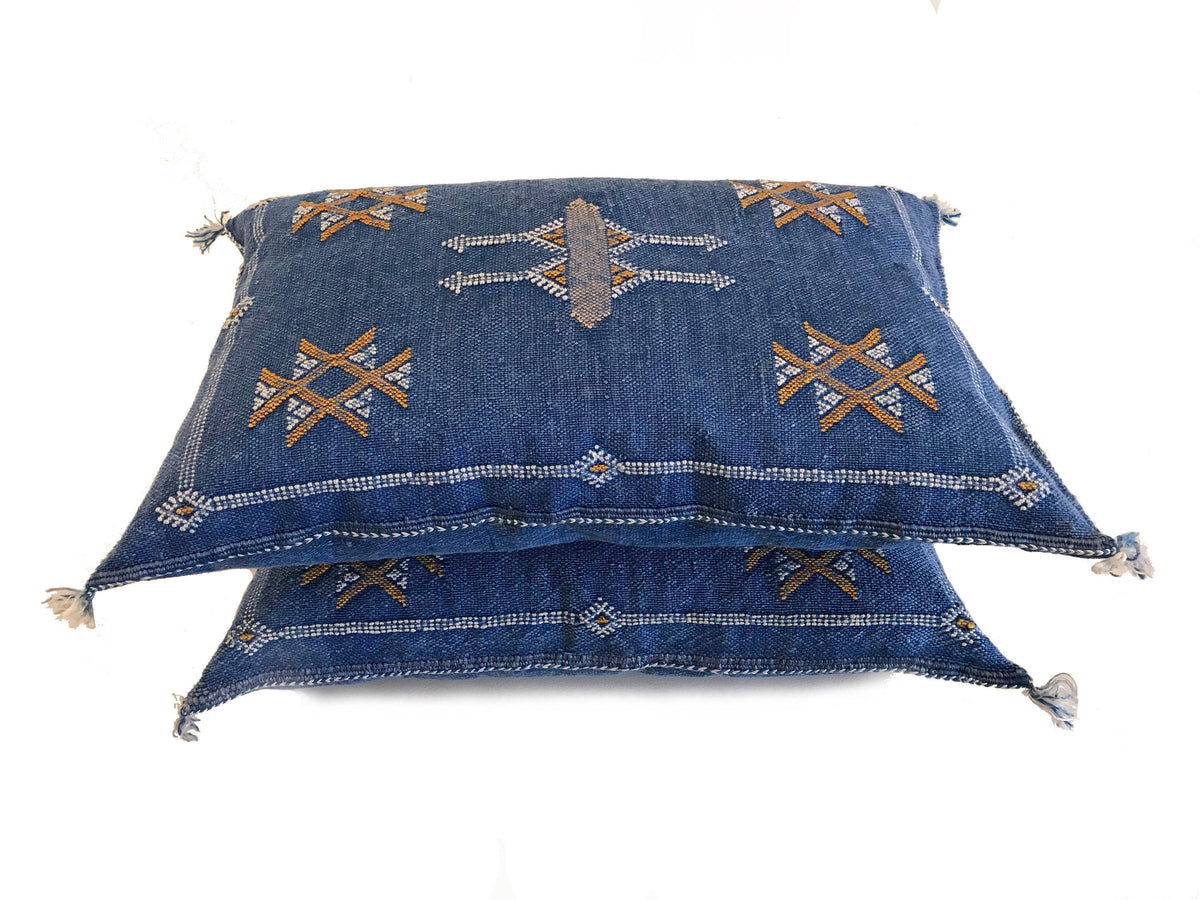 Handmade Moroccan Silk Pillow Cover, Indigo Blue Boho Tribal Embroidered Pillowcase for Sofa Couch, Sizes - product image 8