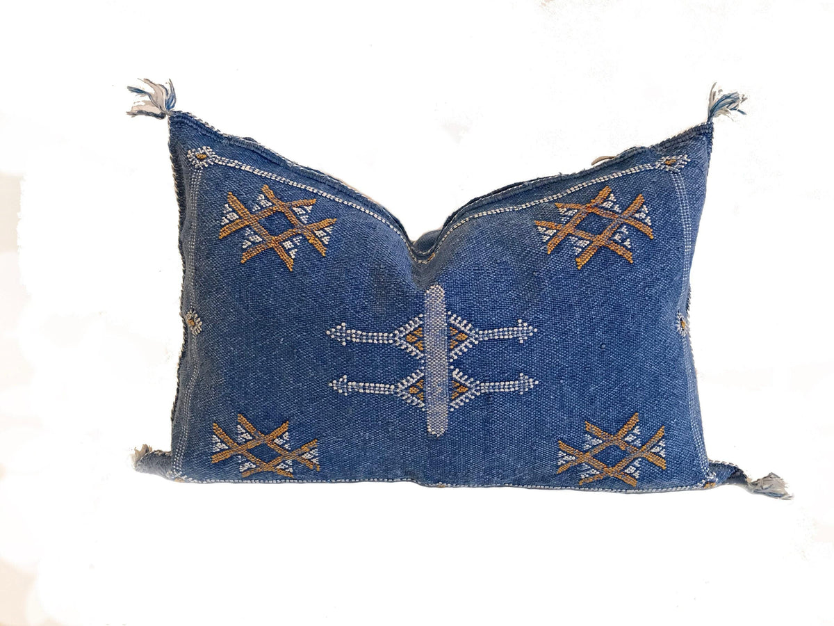 Handmade Moroccan Silk Pillow Cover, Indigo Blue Boho Tribal Embroidered Pillowcase for Sofa Couch, Sizes - product image 2