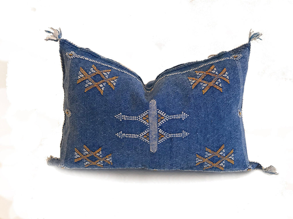 Handmade Moroccan Silk Pillow Cover, Indigo Blue Boho Tribal Embroidered Pillowcase for Sofa Couch, Sizes - product image 10