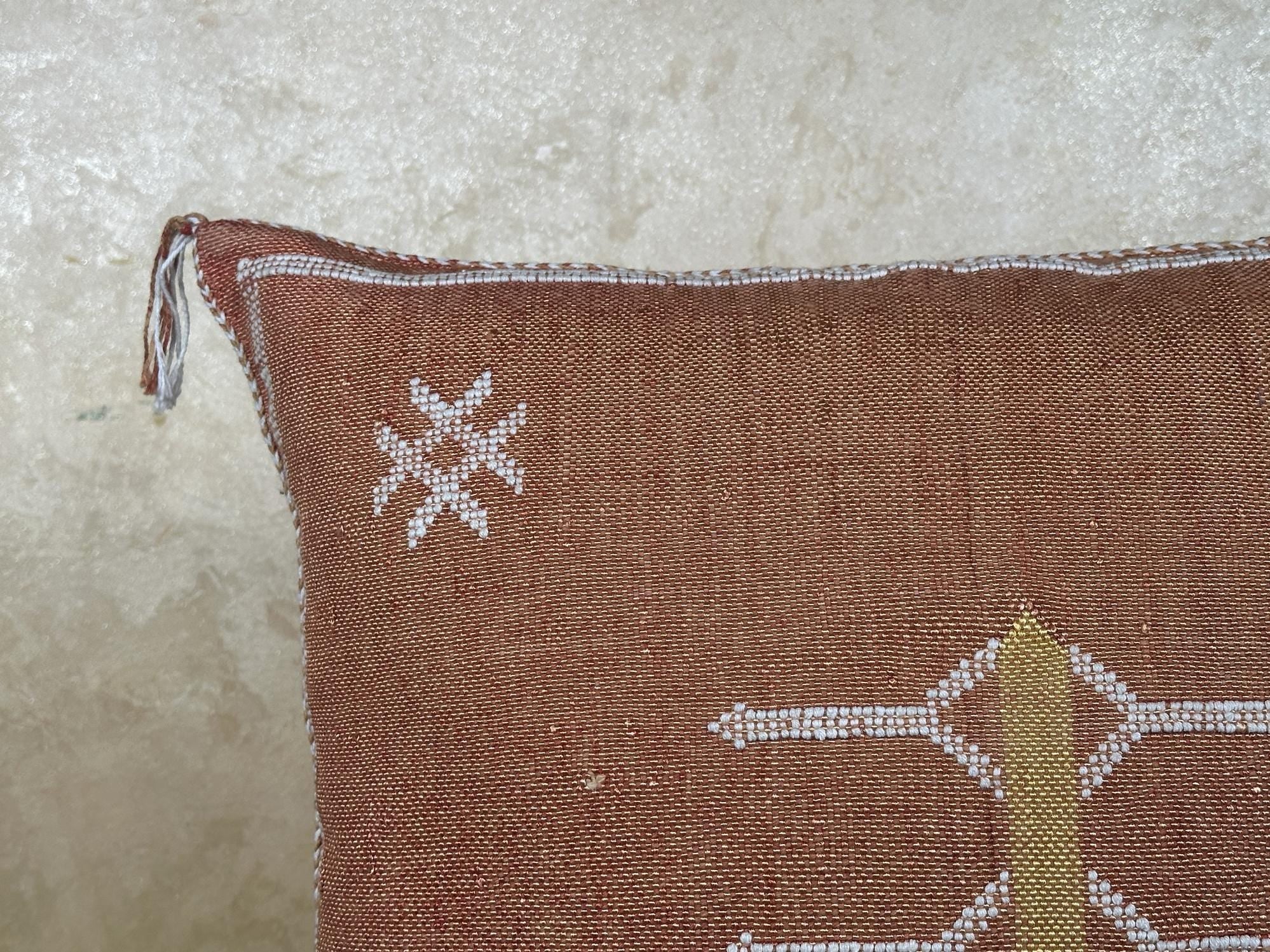 Moroccan Silk Pillow Cover, Handmade Boho Pillowcase, Rust Brown Tribal Embroidery, Custom Sizes for Sofa - product image 5
