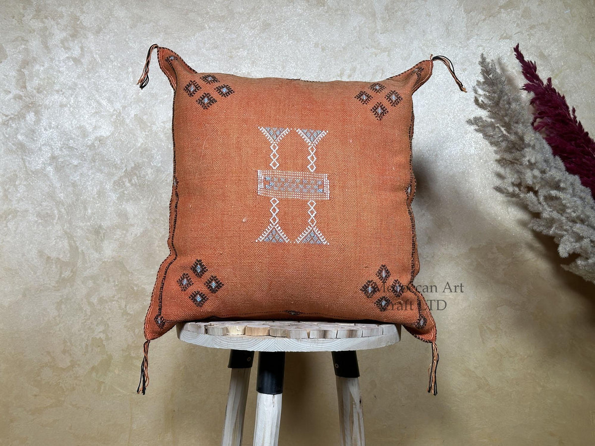 Handmade Moroccan Silk Pillow Cover, Terracotta Boho Kilim Cushion Case, Tribal Embroidered Pillowcase, S - product image 10