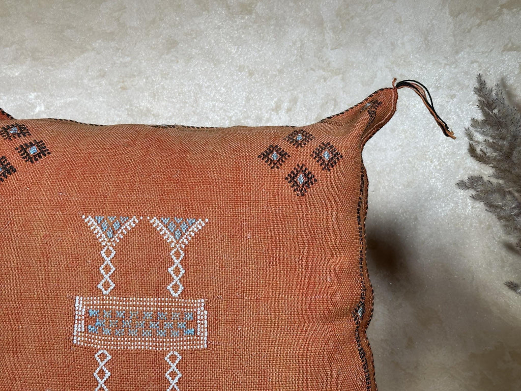 Handmade Moroccan Silk Pillow Cover, Terracotta Boho Kilim Cushion Case, Tribal Embroidered Pillowcase, S - product image 4