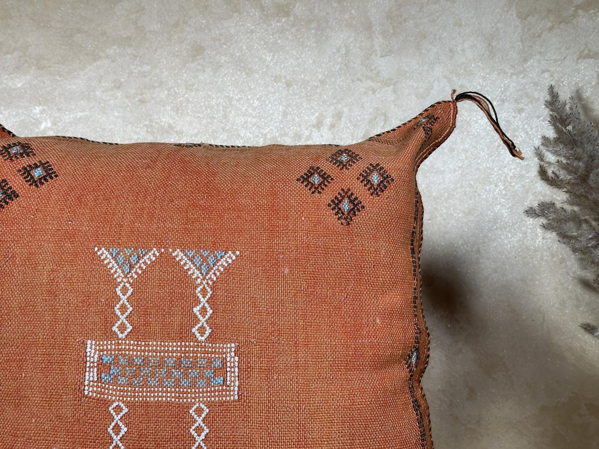 Handmade Moroccan Silk Pillow Cover, Terracotta Boho Kilim Cushion Case, Tribal Embroidered Pillowcase, S - product image 4
