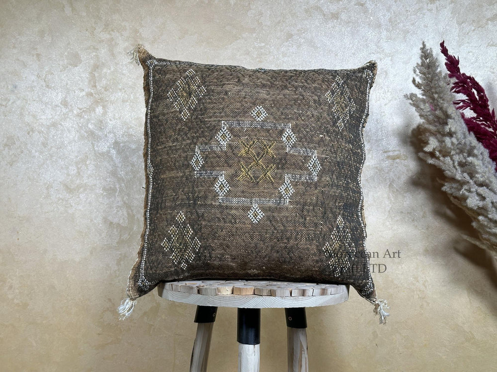 Handmade Moroccan Silk Pillow Cover, Neutral Boho Kilim Cushion, Tribal Diamond Pillowcase, Custom Sizes - product image 1