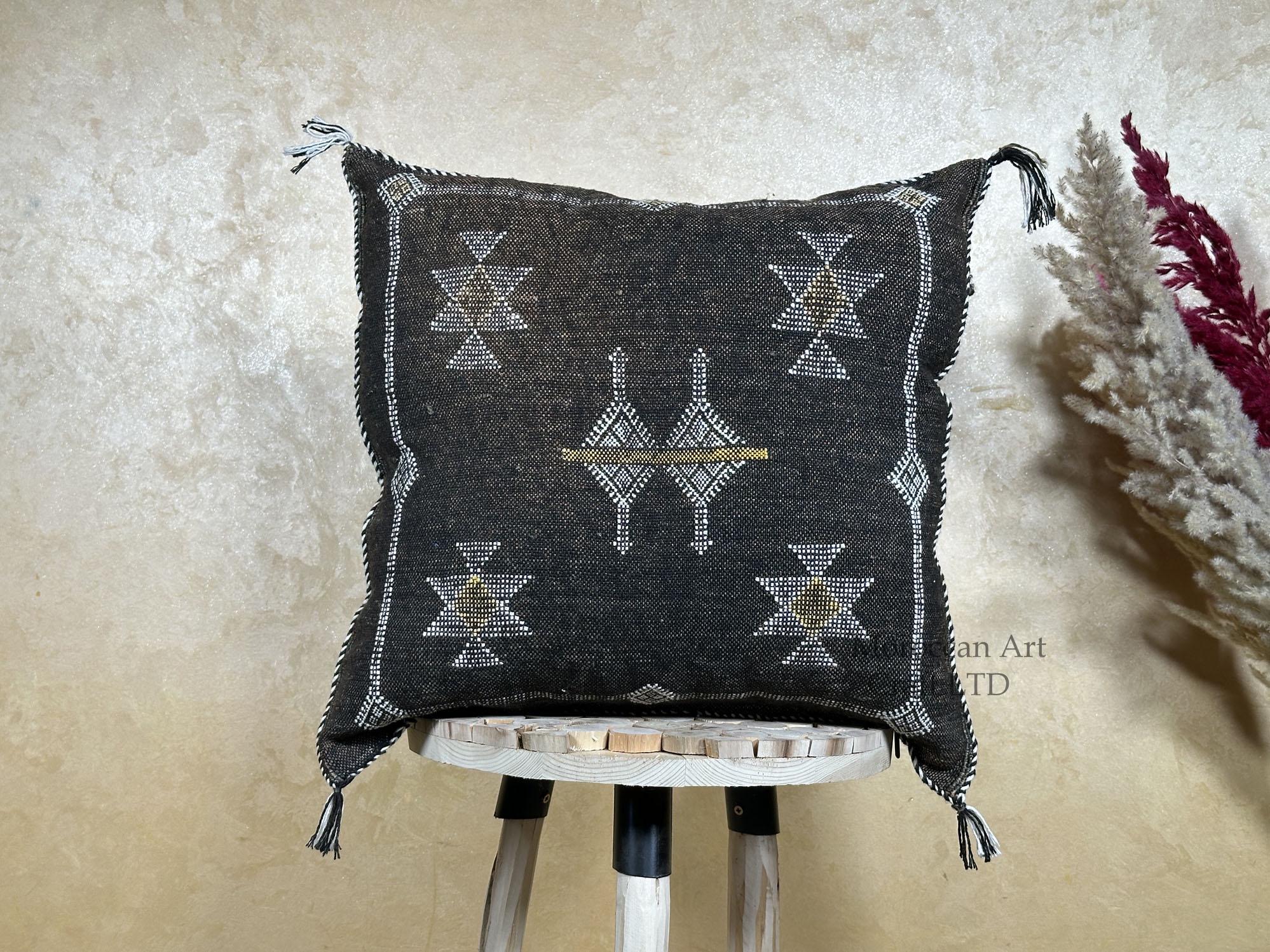 Handmade Moroccan Silk Pillow Cover, Black Boho Pillowcase, Tribal Embroidered Home Decor for Sofa Couch - product image 1