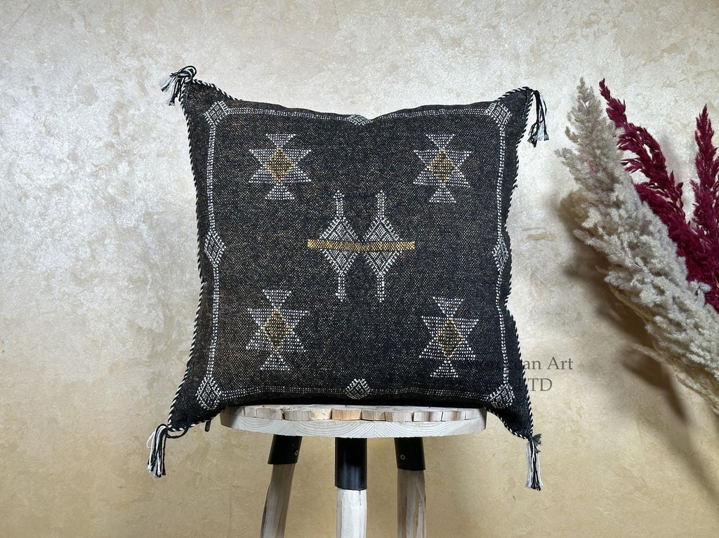 Moroccan Silk Pillow Cover, Handmade Boho Black Tribal Pillowcase, Custom Sizes, Sofa & Floor Cushion Dec - product image 1