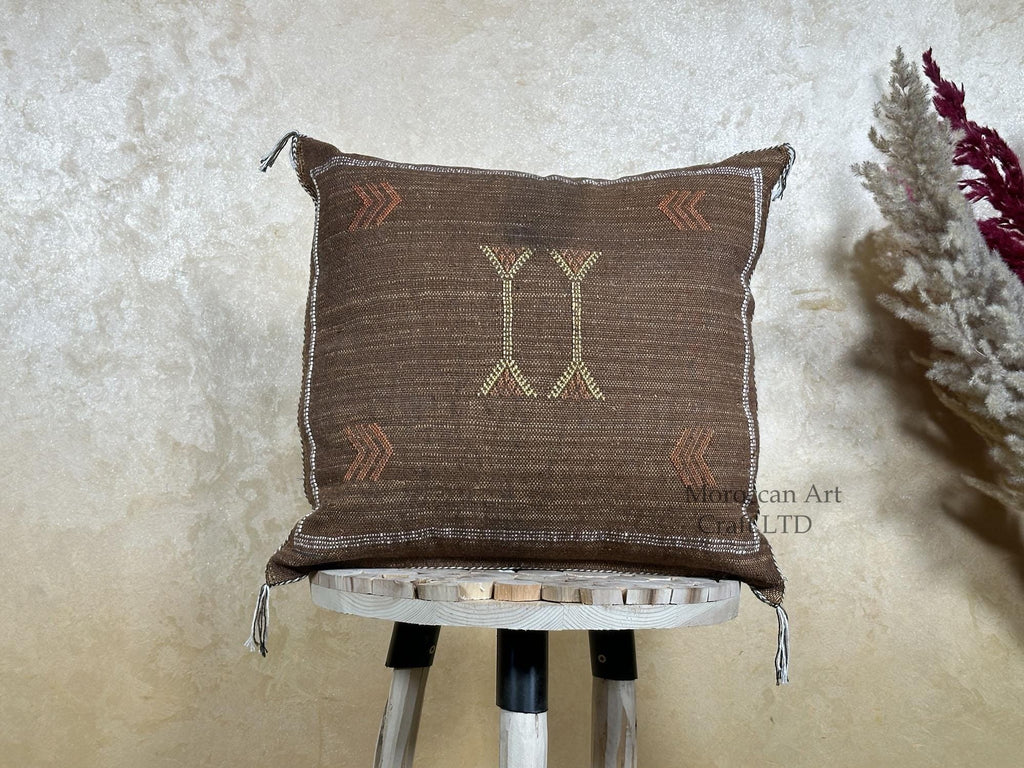 Handmade Moroccan Silk Pillow Cover, Brown Boho Tribal Pillowcase, Neutral Kilim Style Cushion Cover, Cus - product image 1