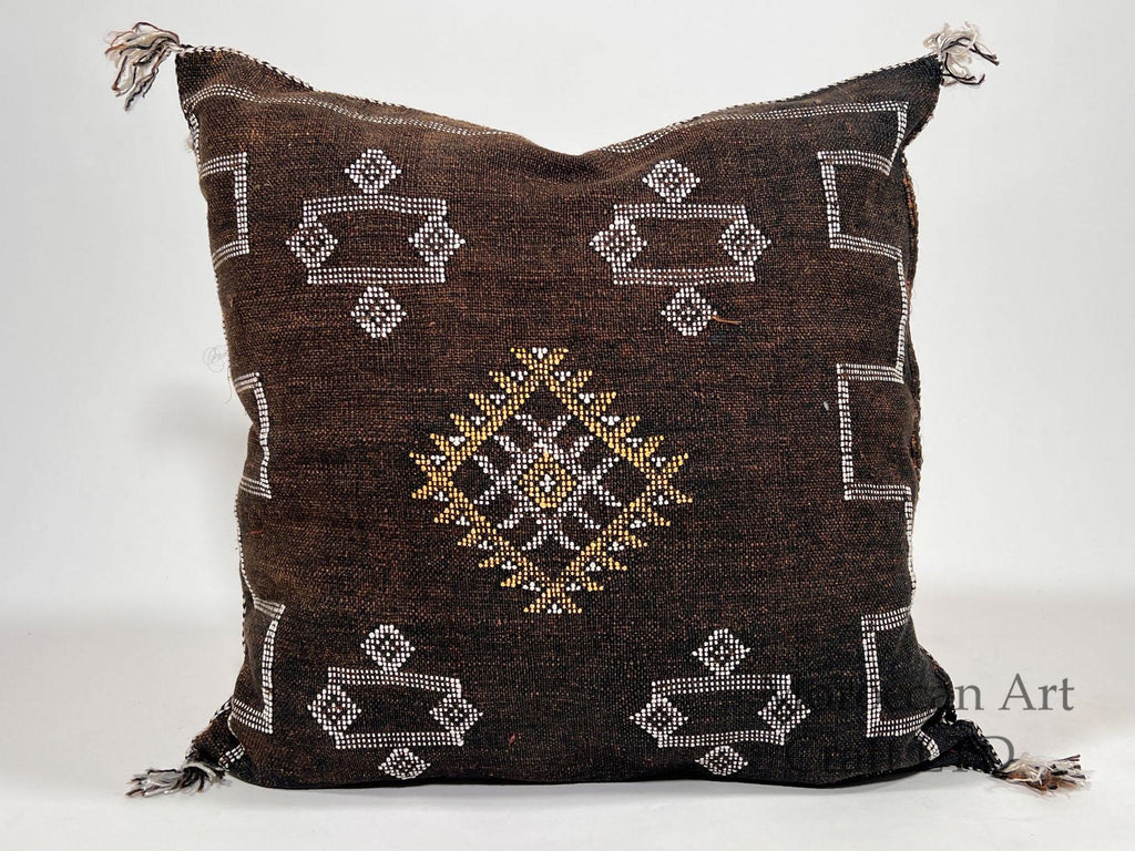 Handmade Moroccan Dark Brown Silk Pillow Cover, Boho Sabra Cactus Silk Cushion with White Gold Embroidery - product image 1