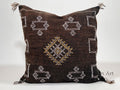 Handmade Moroccan Dark Brown Silk Pillow Cover, Boho Sabra Cactus Silk Cushion with White Gold Embroidery - product image 1
