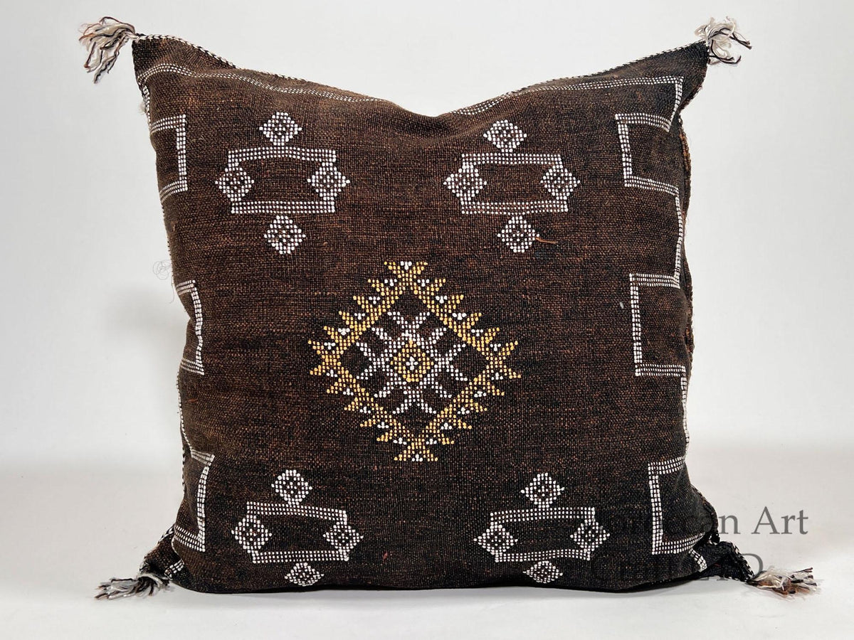 Handmade Moroccan Dark Brown Silk Pillow Cover, Boho Sabra Cactus Silk Cushion with White Gold Embroidery - product image 1