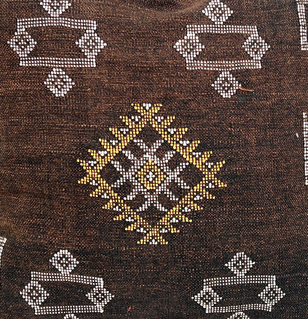 Handmade Moroccan Dark Brown Silk Pillow Cover, Boho Sabra Cactus Silk Cushion with White Gold Embroidery - product image 3