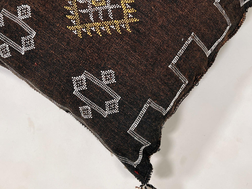 Handmade Moroccan Dark Brown Silk Pillow Cover, Boho Sabra Cactus Silk Cushion with White Gold Embroidery - product image 7