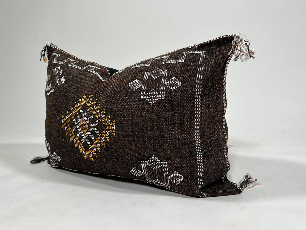 Handmade Moroccan Brown Silk Pillow Cover, Boho Cactus Silk Sabra Berber Lumbar Pillow With White Gold Ge - product image 3