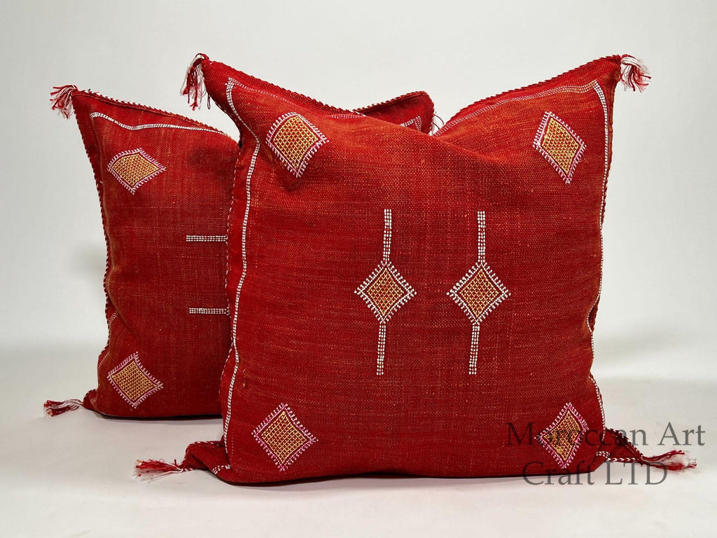 Red Moroccan Silk Pillow Cover, Handmade Cactus Silk Sabra Cushion, Boho Kilim Diamond Embroidery, Artisa - product image 1