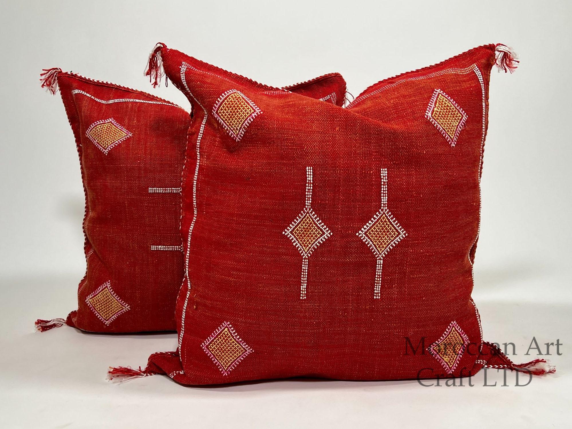 Red Moroccan Silk Pillow Cover, Handmade Cactus Silk Sabra Cushion, Boho Kilim Diamond Embroidery, Artisa - product image 1