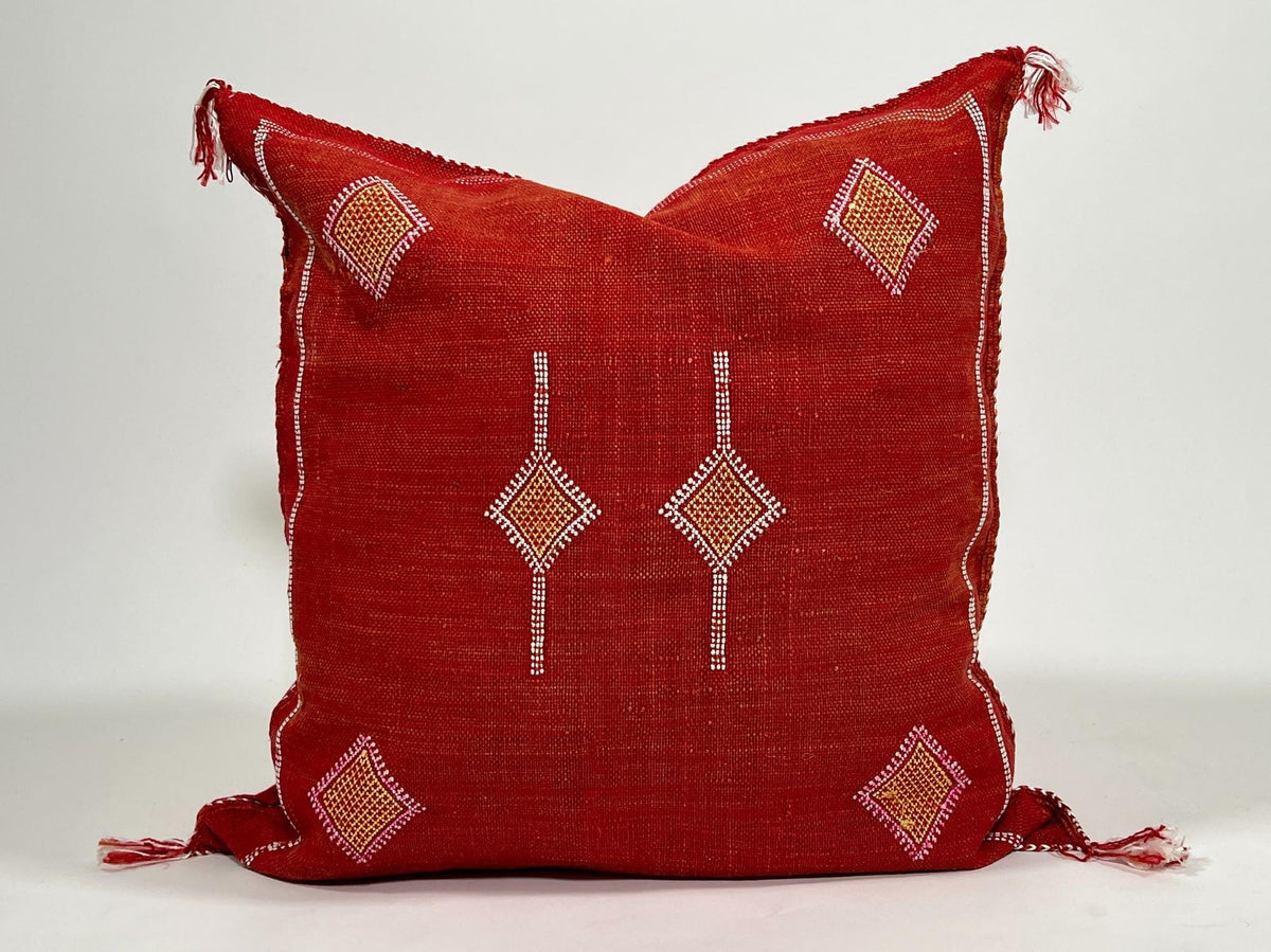 Red Moroccan Silk Pillow Cover, Handmade Cactus Silk Sabra Cushion, Boho Kilim Diamond Embroidery, Artisa - product image 2