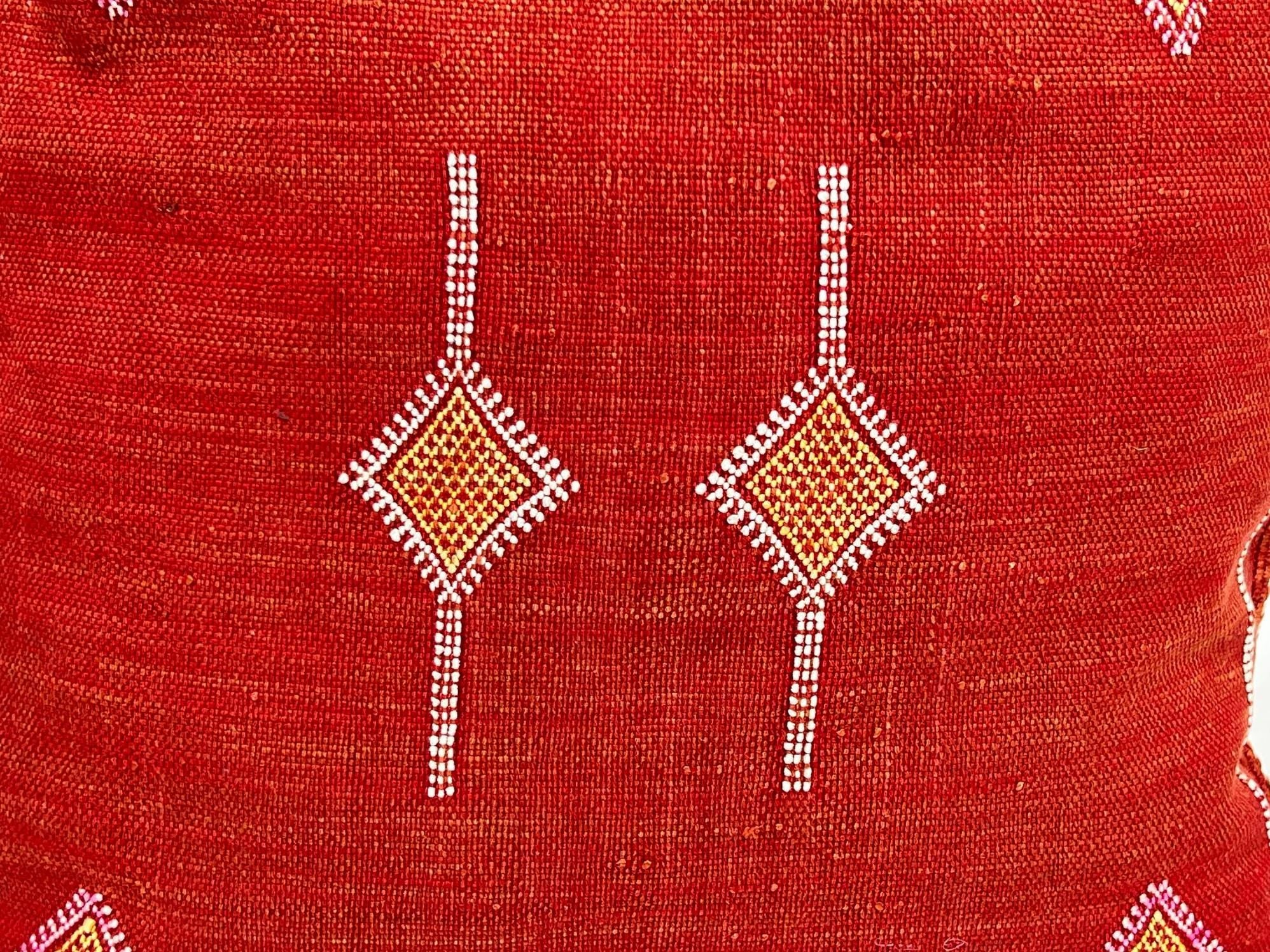 Red Moroccan Silk Pillow Cover, Handmade Cactus Silk Sabra Cushion, Boho Kilim Diamond Embroidery, Artisa - product image 4