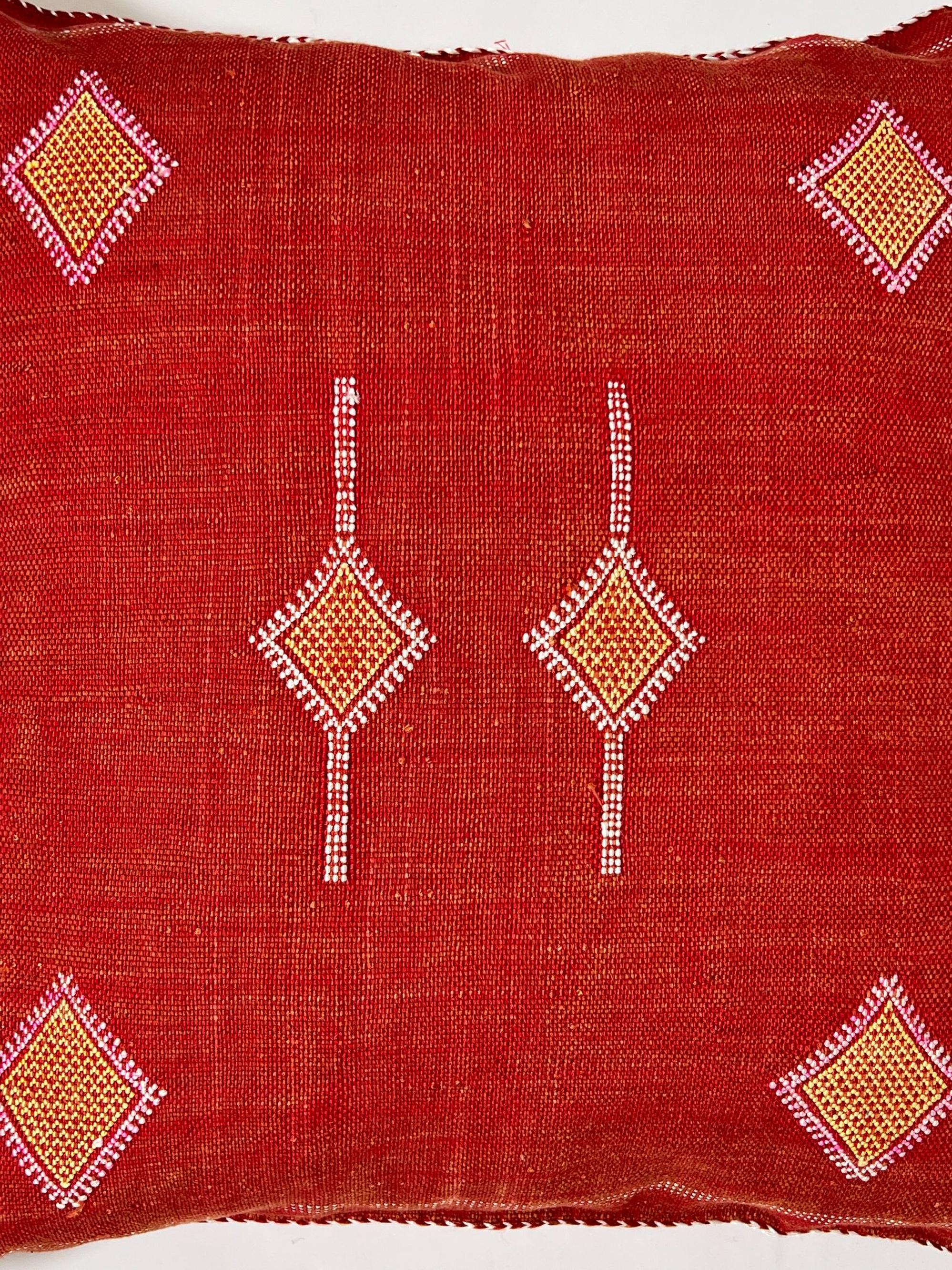 Red Moroccan Silk Pillow Cover, Handmade Cactus Silk Sabra Cushion, Boho Kilim Diamond Embroidery, Artisa - product image 8