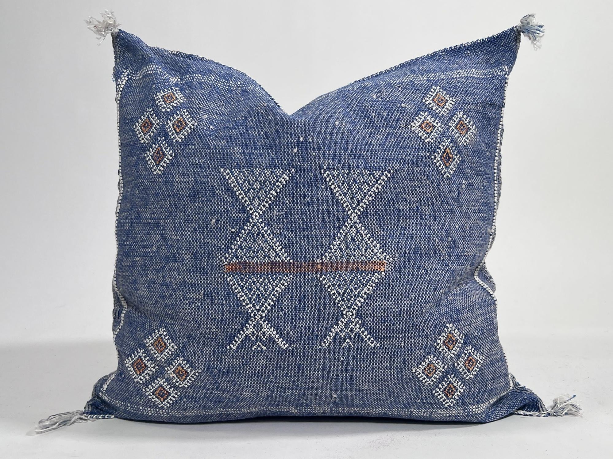 Handmade Moroccan Navy Blue Silk Pillow Cover, Boho Cactus Silk Sabra Cushion, Tribal Diamond Embroidery - product image 2
