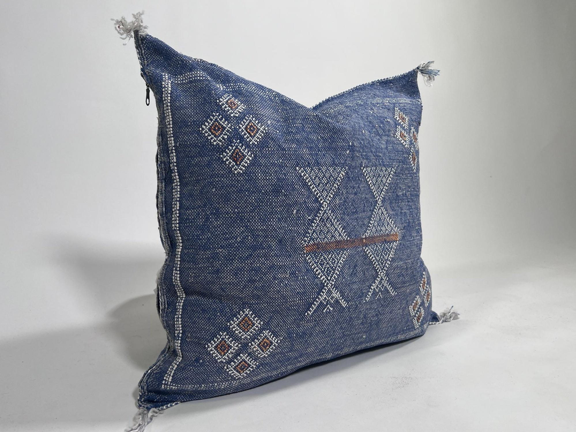 Handmade Moroccan Navy Blue Silk Pillow Cover, Boho Cactus Silk Sabra Cushion, Tribal Diamond Embroidery - product image 6