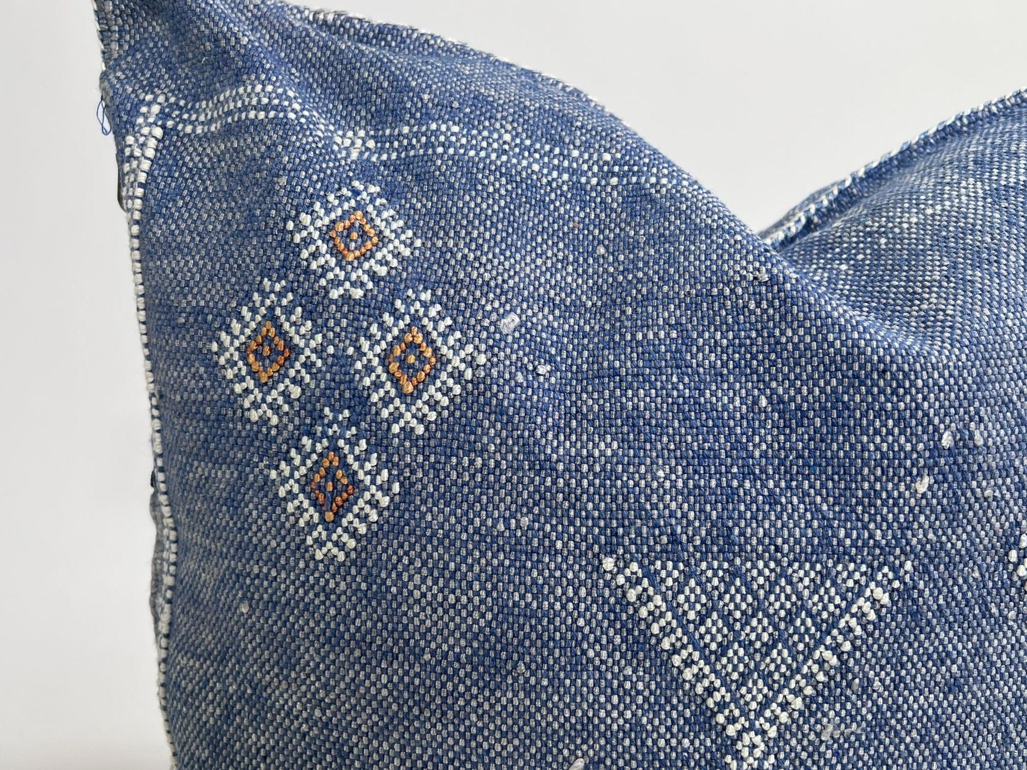 Handmade Moroccan Navy Blue Silk Pillow Cover, Boho Cactus Silk Sabra Cushion, Tribal Diamond Embroidery - product image 3