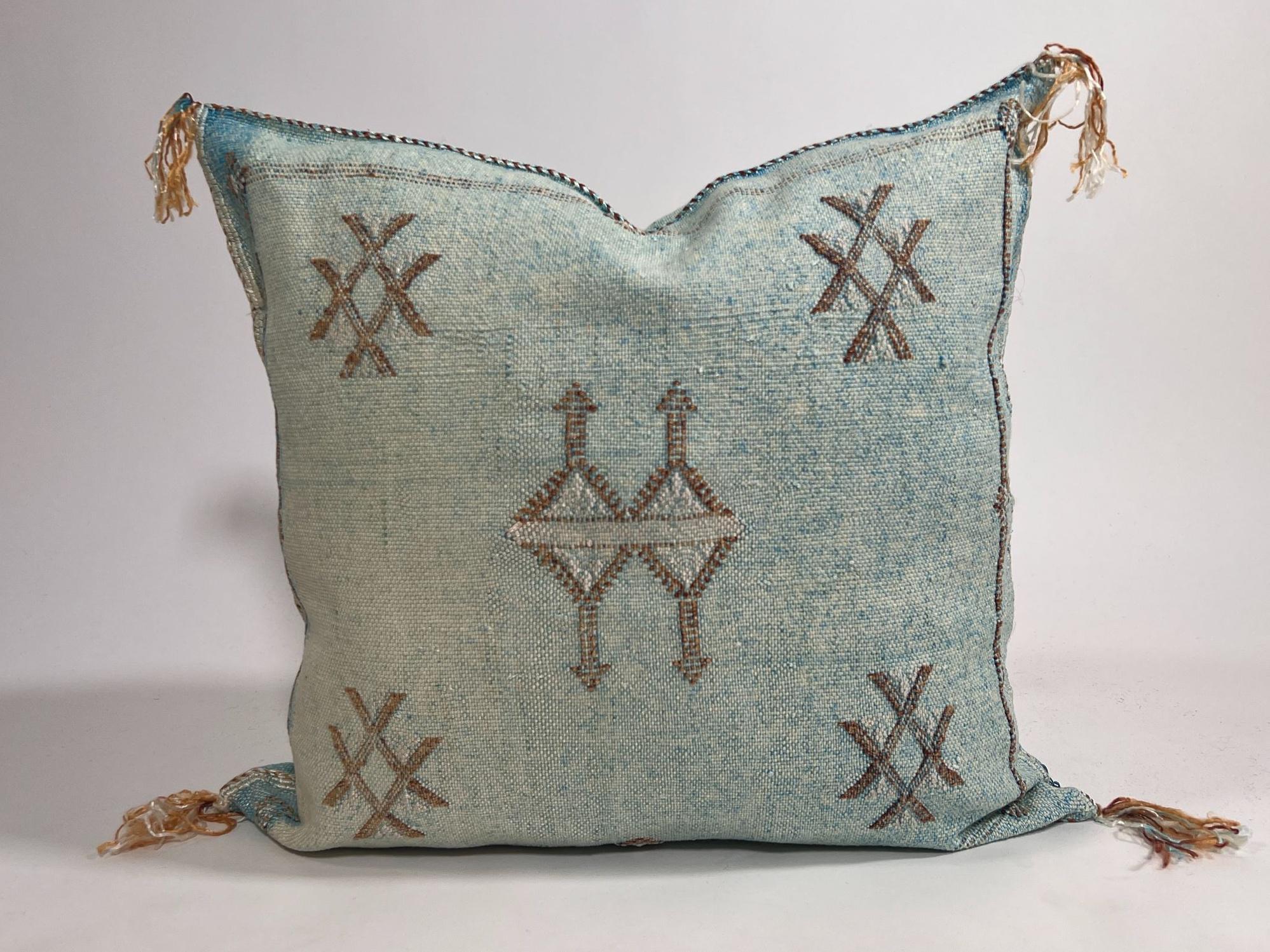 Light Blue Moroccan Silk Pillow Cover, Handmade Cactus Silk Sabra Cushion, Amazigh Berber Boho Throw Pill - product image 2