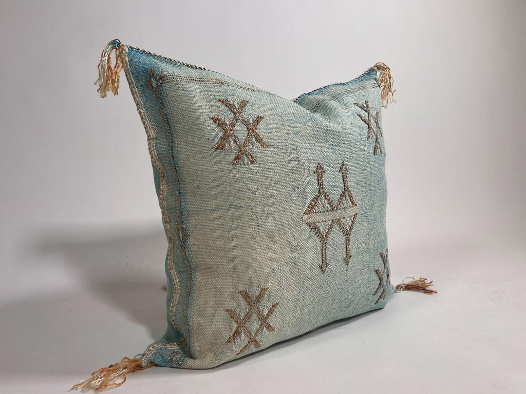 Light Blue Moroccan Silk Pillow Cover, Handmade Cactus Silk Sabra Cushion, Amazigh Berber Boho Throw Pill - product image 4