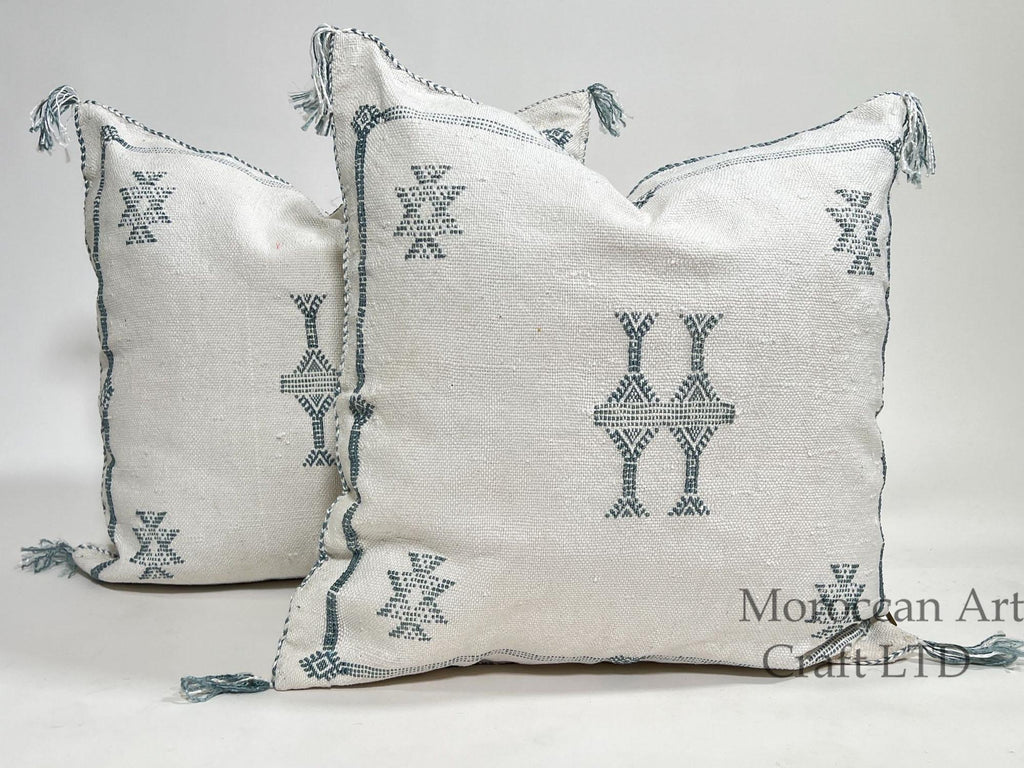 Handmade Moroccan Silk Pillow Cover, Cream Boho Cactus Silk Sabra Pillowcase with Teal Tribal Embroidery - product image 1