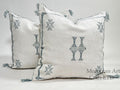 Handmade Moroccan Silk Pillow Cover, Cream Boho Cactus Silk Sabra Pillowcase with Teal Tribal Embroidery - product image 1