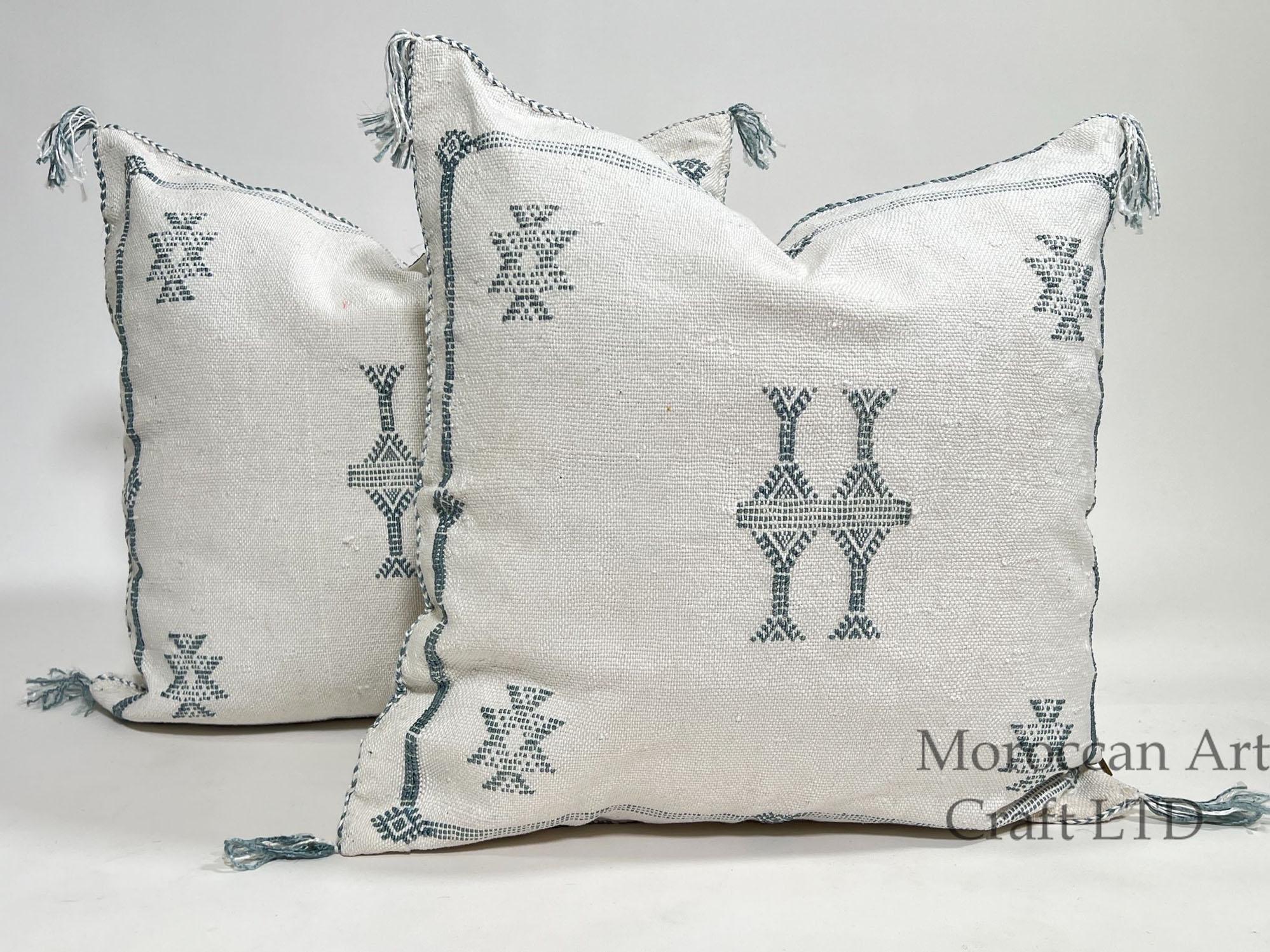 Handmade Moroccan Silk Pillow Cover, Cream Boho Cactus Silk Sabra Pillowcase with Teal Tribal Embroidery - product image 1