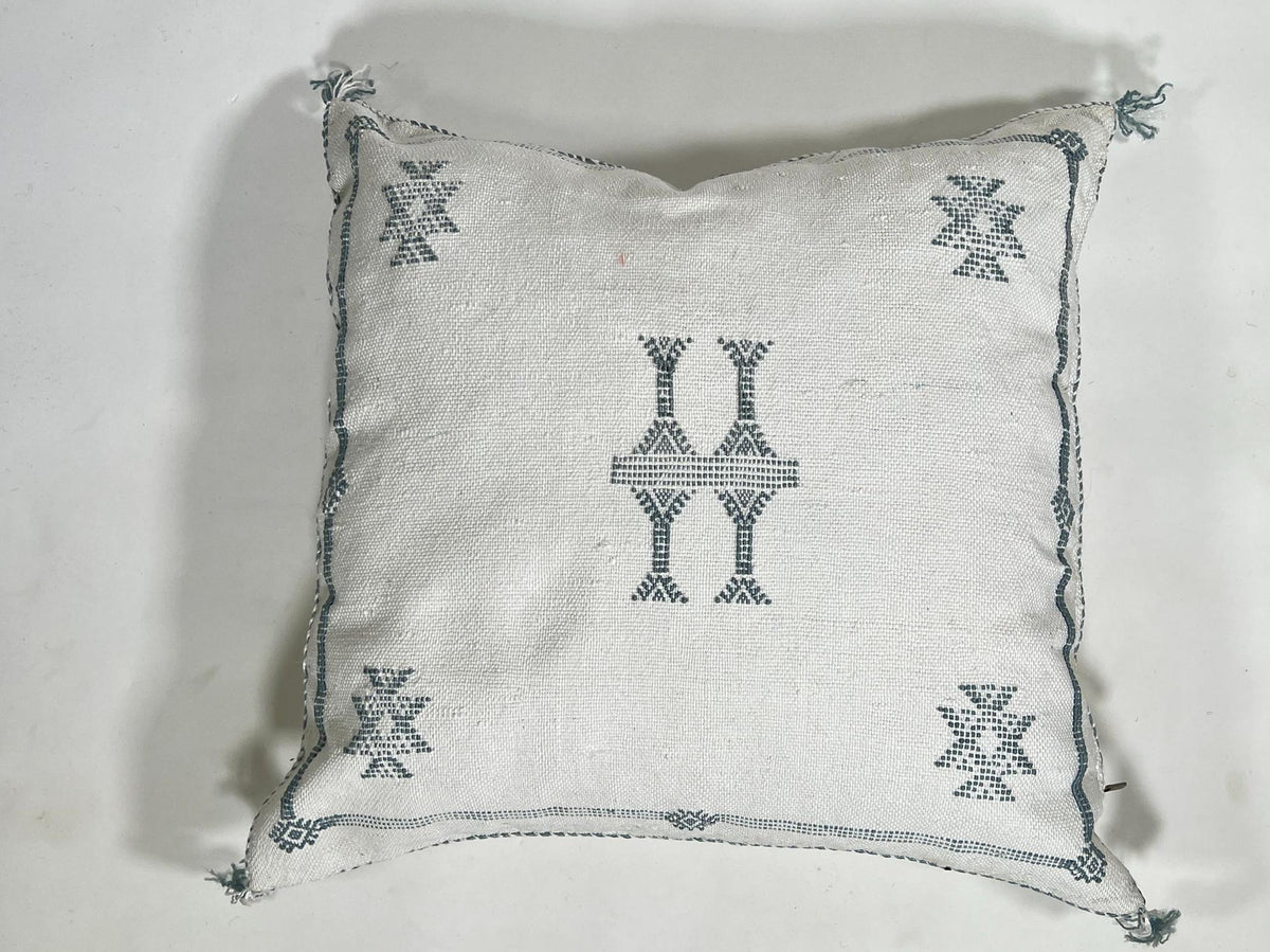 Handmade Moroccan Silk Pillow Cover, Cream Boho Cactus Silk Sabra Pillowcase with Teal Tribal Embroidery - product image 3
