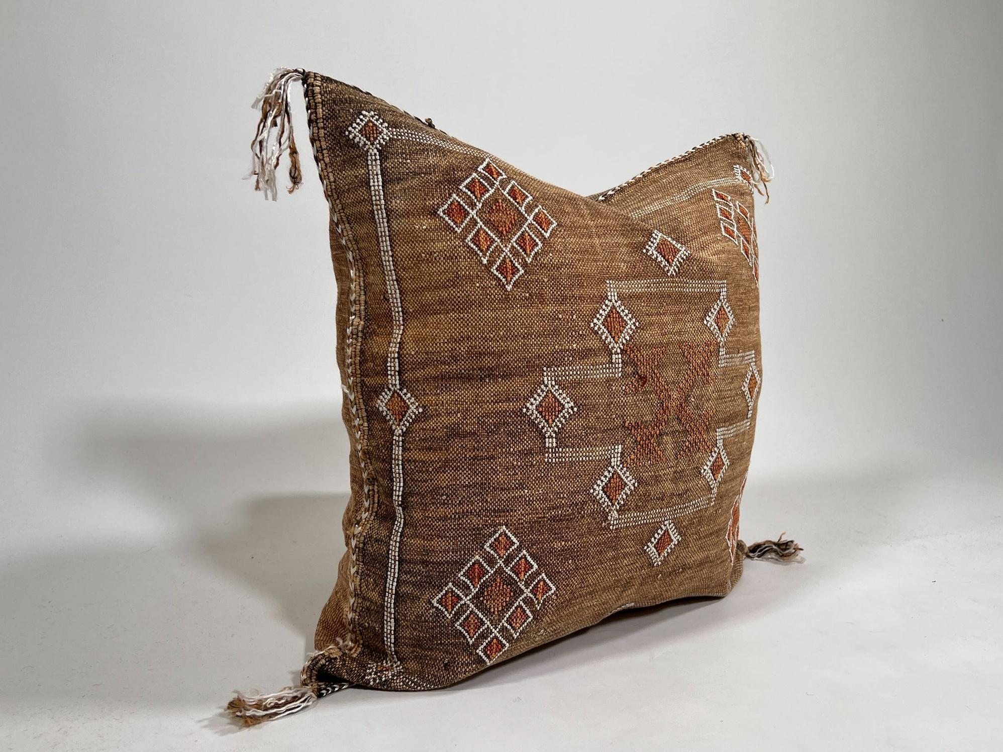Handmade Moroccan silk pillow cover, brown boho cactus silk sabra cushion with white rust diamond embroid - product image 3
