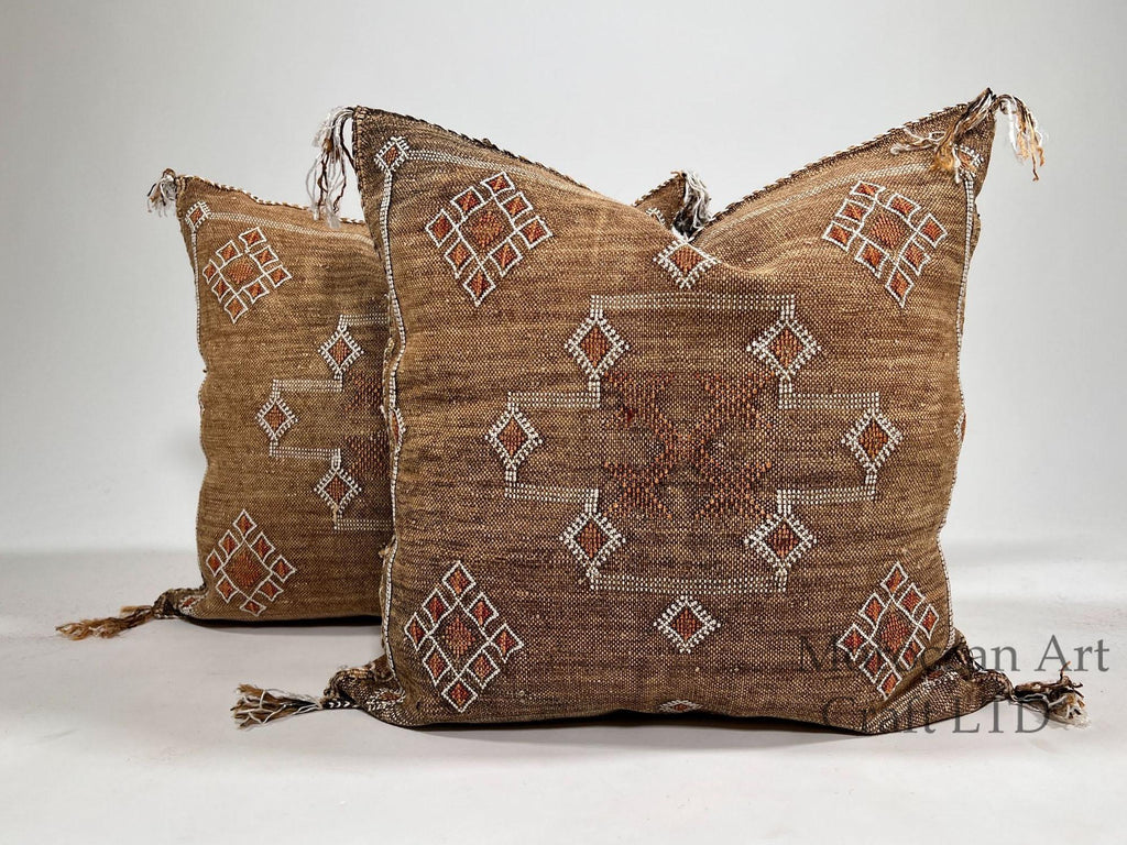 Handmade Moroccan silk pillow cover, brown boho cactus silk sabra cushion with white rust diamond embroid - product image 1