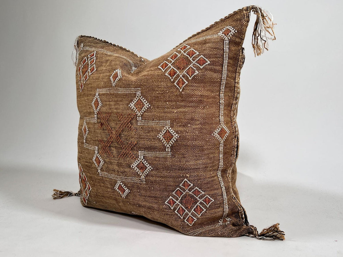 Handmade Moroccan silk pillow cover, brown boho cactus silk sabra cushion with white rust diamond embroid - product image 4