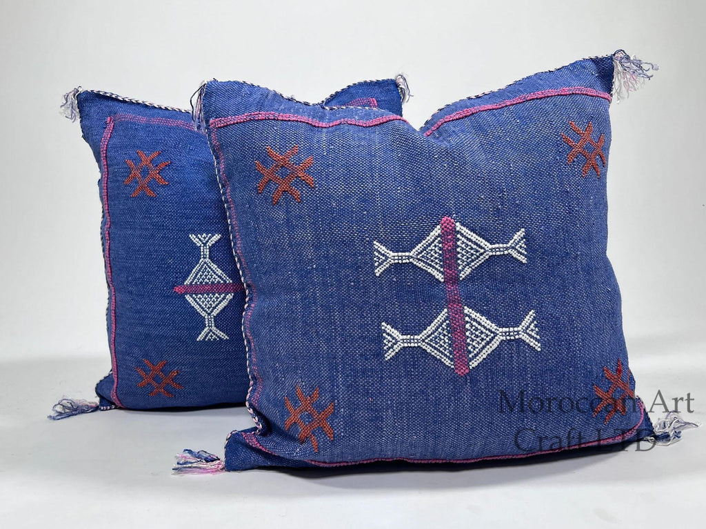 Handmade Blue Moroccan Silk Pillow Cover, Pink White Tribal Embroidery, Boho Cactus Sabra Silk Cushion, C - product image 1