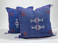 Handmade Blue Moroccan Silk Pillow Cover, Pink White Tribal Embroidery, Boho Cactus Sabra Silk Cushion, C - product image 1