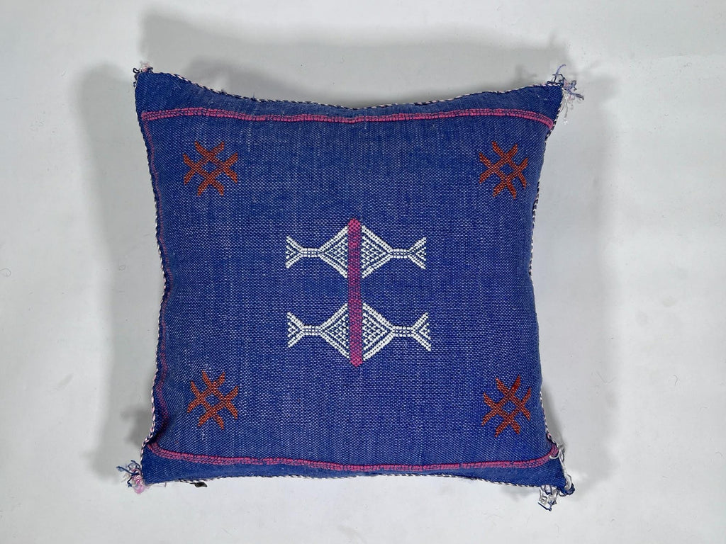 Handmade Blue Moroccan Silk Pillow Cover, Pink White Tribal Embroidery, Boho Cactus Sabra Silk Cushion, C - product image 5