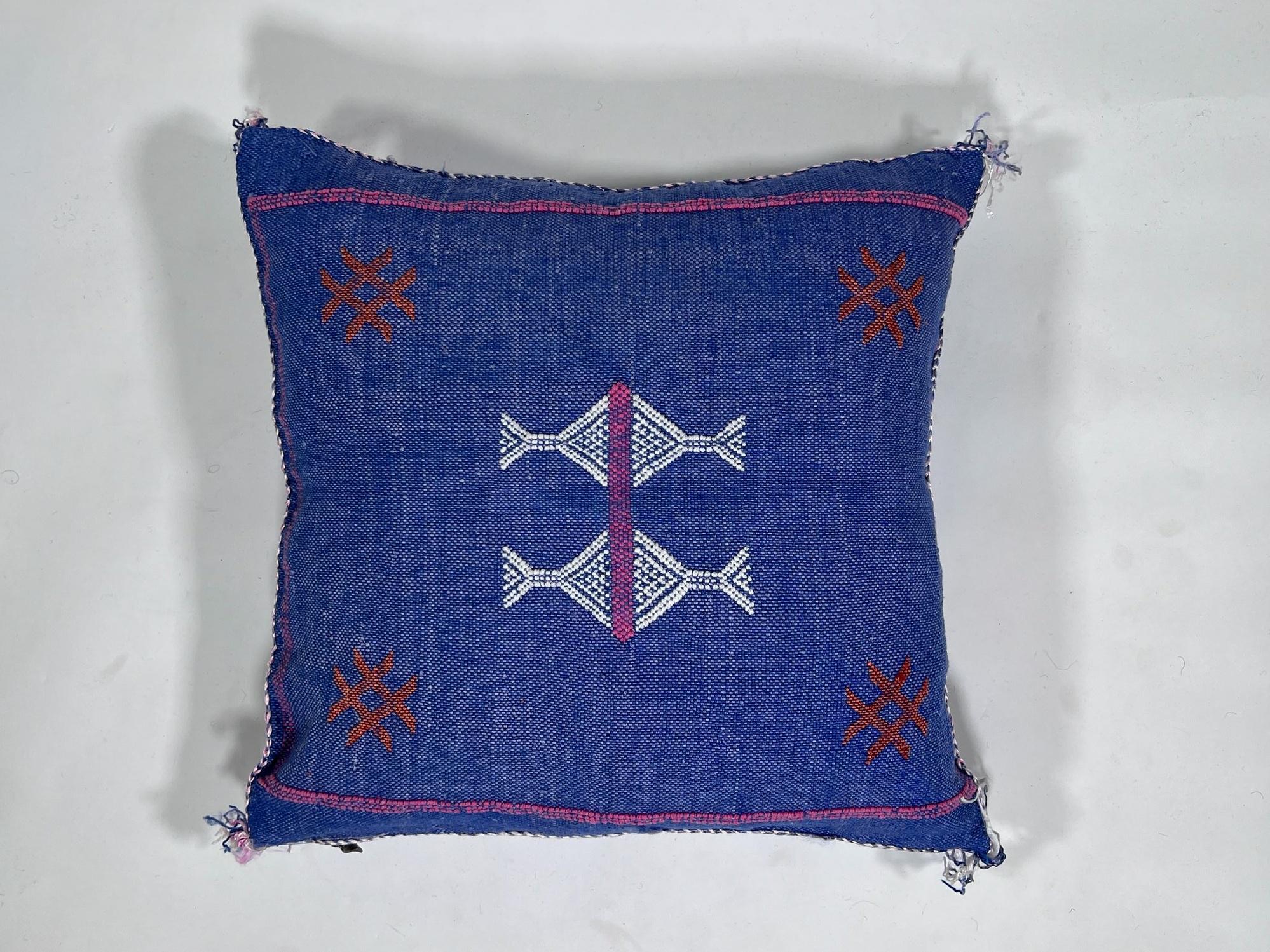 Handmade Blue Moroccan Silk Pillow Cover, Pink White Tribal Embroidery, Boho Cactus Sabra Silk Cushion, C - product image 5