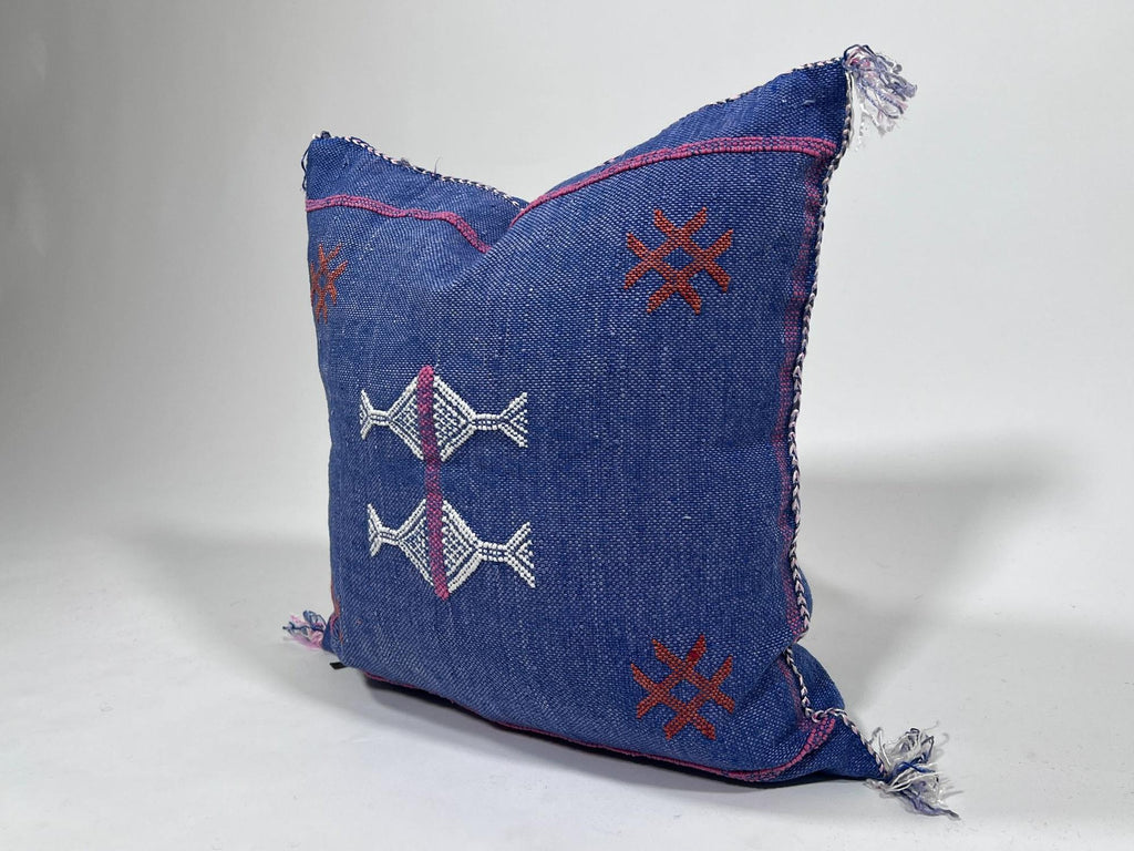 Handmade Blue Moroccan Silk Pillow Cover, Pink White Tribal Embroidery, Boho Cactus Sabra Silk Cushion, C - product image 4