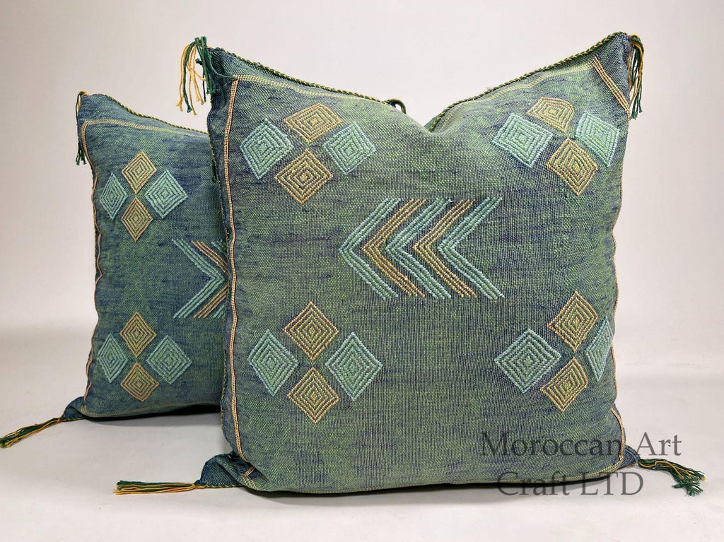 Moroccan Silk Pillow Cover, Handmade Green Boho Cactus Silk Cushion with Gold Diamond Embroidery, Custom - product image 1