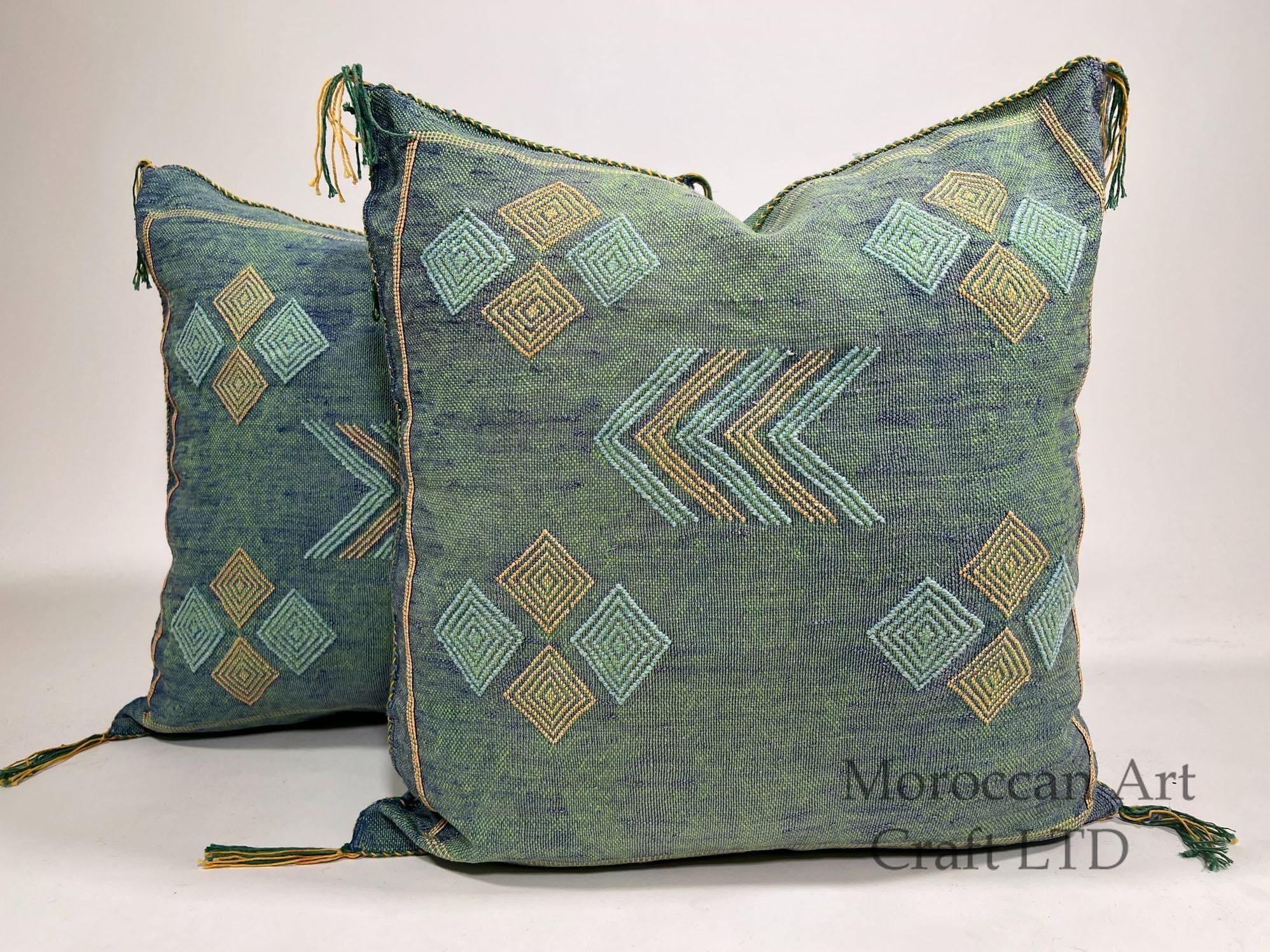 Moroccan Silk Pillow Cover, Handmade Green Boho Cactus Silk Cushion with Gold Diamond Embroidery, Custom - product image 1