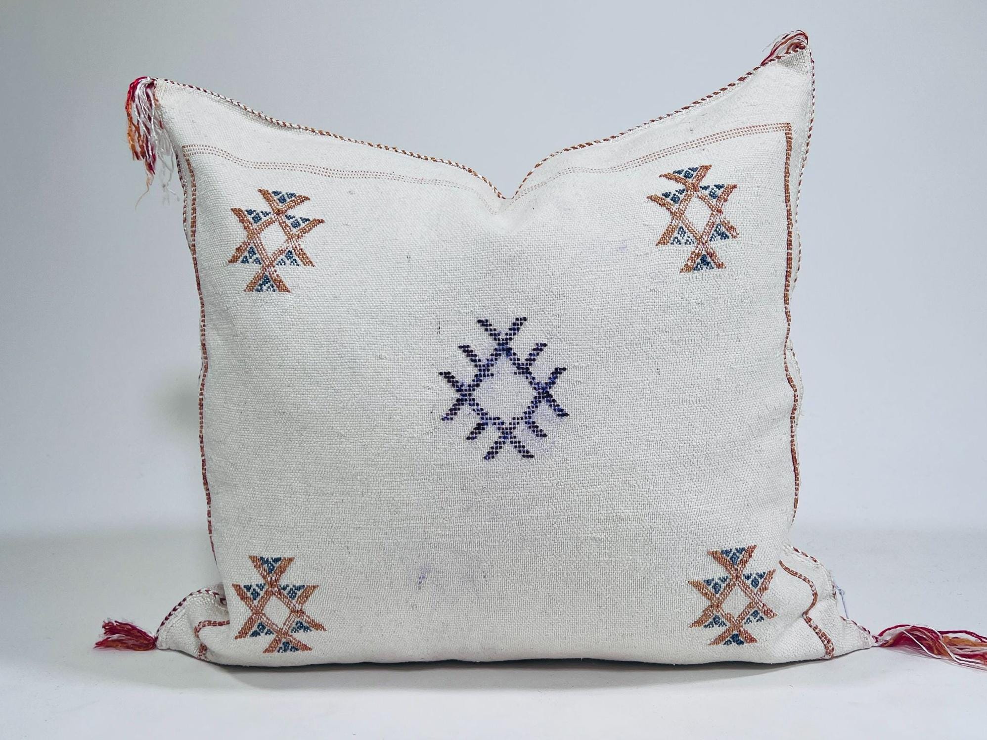 Boho Moroccan Silk Pillow Cover, Cream Ivory Beige Embroidery, Taupe Gold Geometric Tribal Pillowcase for - product image 2