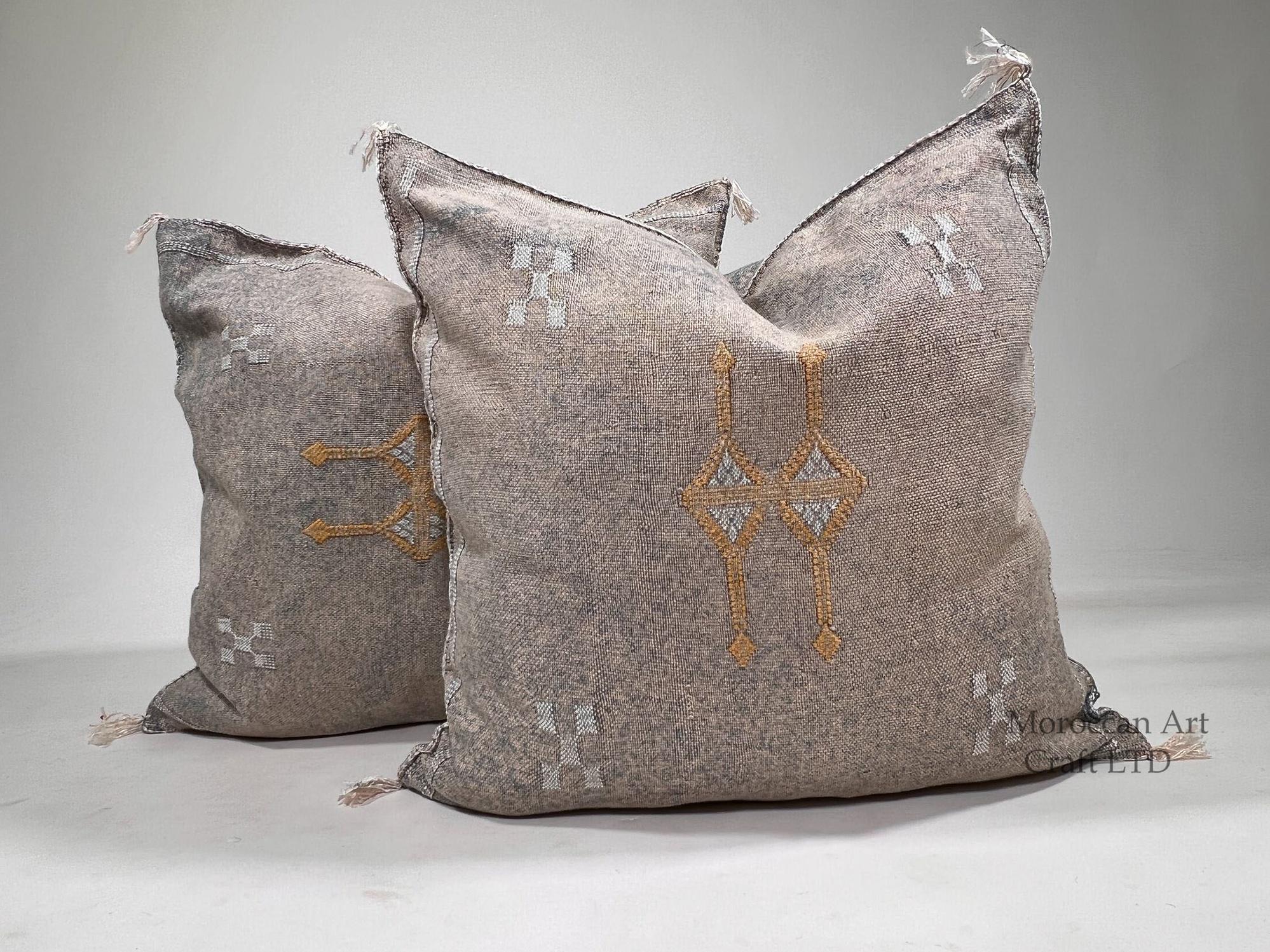Moroccan Silk Pillow Cover, Ivory Cream Beige Embroidered Cushion Cover, Neutral Boho Tribal Geometric Pi - product image 1