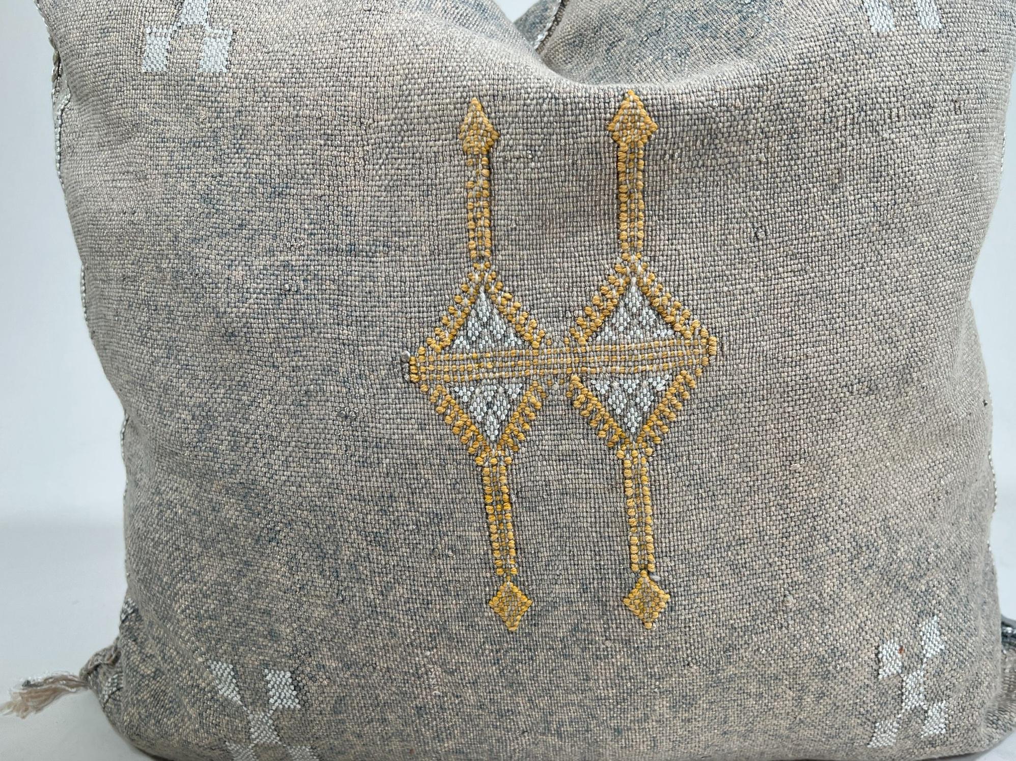 Moroccan Silk Pillow Cover, Ivory Cream Beige Embroidered Cushion Cover, Neutral Boho Tribal Geometric Pi - product image 4