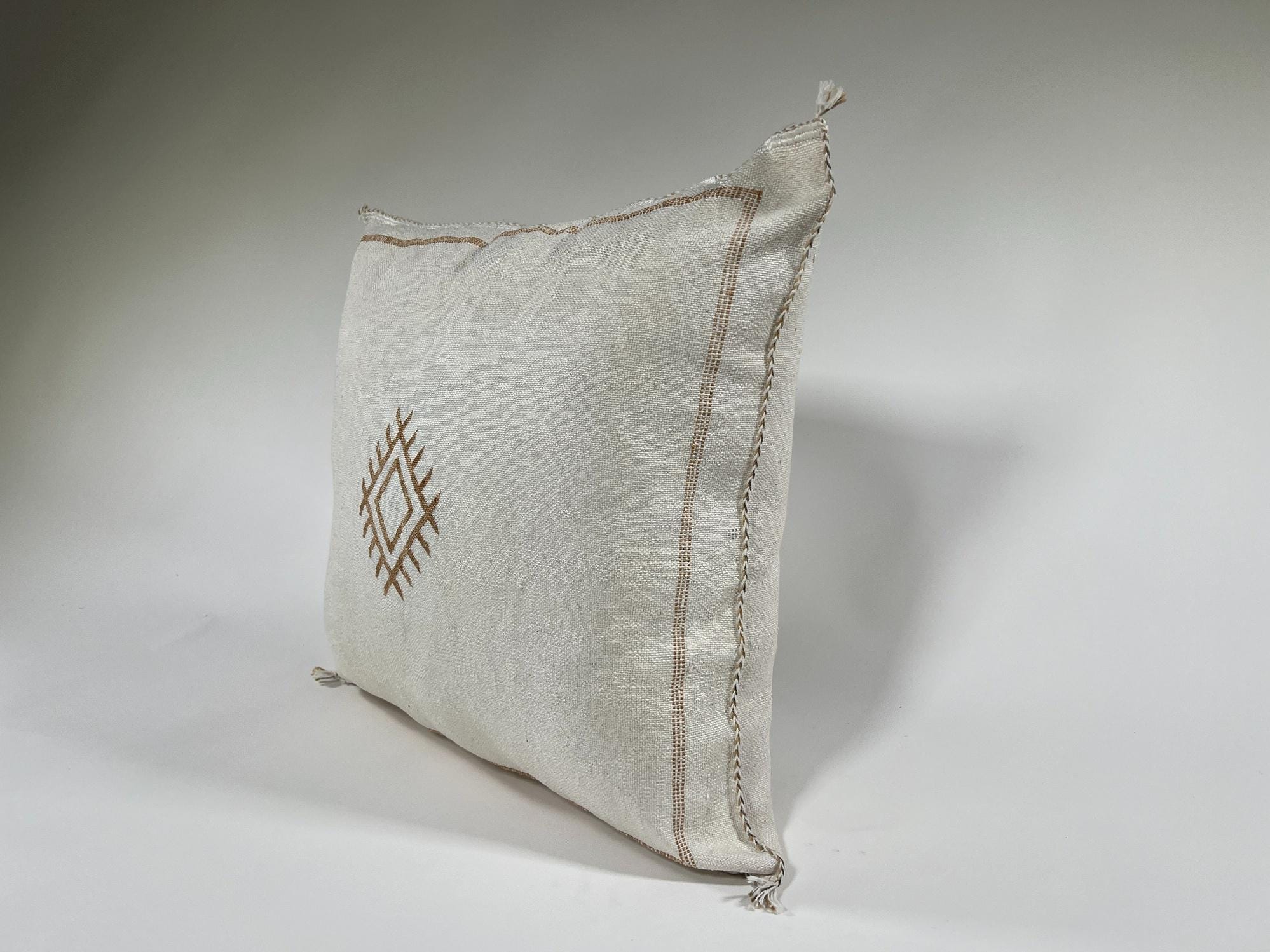 Handmade Silk Moroccan Pillow Cover, Cream Ivory Beige Tribal Embroidery, Neutral Boho Geometric Cushion - product image 2