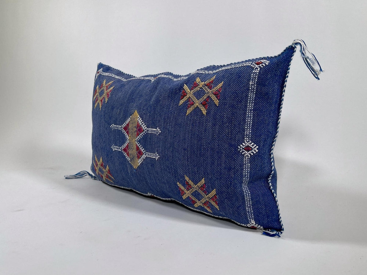 Cobalt Blue Moroccan Silk Pillow Cover, Gold Red Geometric Embroidered Kilim Boho Cushion, Handmade Decor - product image 3
