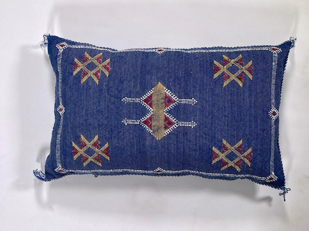 Cobalt Blue Moroccan Silk Pillow Cover, Gold Red Geometric Embroidered Kilim Boho Cushion, Handmade Decor - product image 5