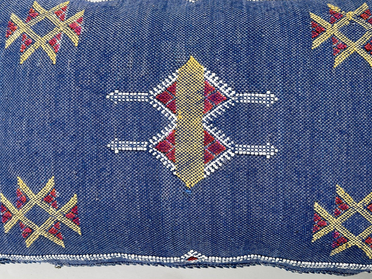 Cobalt Blue Moroccan Silk Pillow Cover, Gold Red Geometric Embroidered Kilim Boho Cushion, Handmade Decor - product image 7