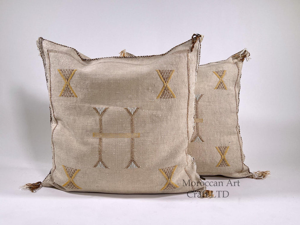 Beige Moroccan Silk Pillow Cover, Handmade Berber Boho Cushion with Gold Embroidery, Beni Ourain Style Fr - product image 1